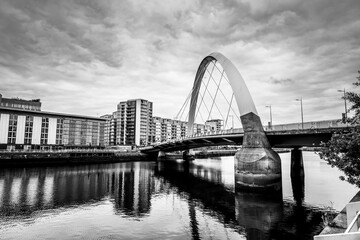 Black and white photo of suspension in bridge, Glasgow, Scotland