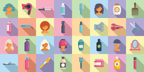Curly hair care icons set flat vector. Hair dandruff. Shampoo volume