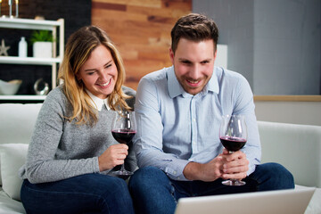 Virtual Wine Tasting Using Laptop. Online Party