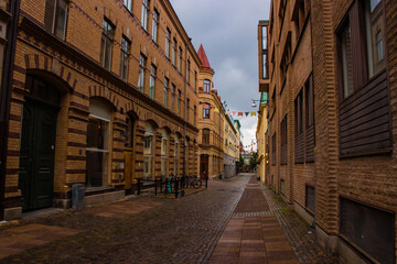 European City Street and Old Buildings, Canal in Gothenburg, Sweden