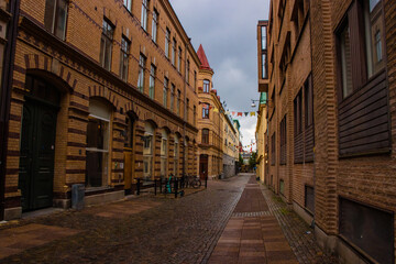 Obraz na płótnie Canvas European City Street and Old Buildings, Canal in Gothenburg, Sweden