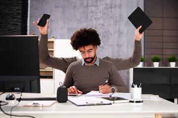 Happy Busy Business Man Multitasking