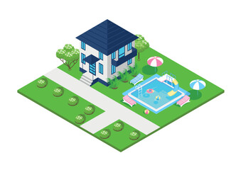 Small isometric house on a white background.Real estate sale and rent. Colorful image of a private house with a swimming pool.