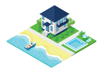Isometric summer house on a white background.Real estate sale and rent. A colorful image of a two-story private house with a swimming pool on the seashore.