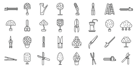Tree trimming icons set outline vector. Chainsaw tree. Work forest