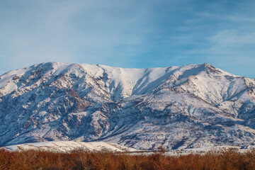 Snow-capped mountains.Landscape.River valley.