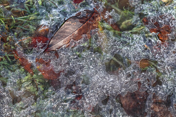 Ice on a frozen puddle close-up
