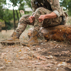 A military man in high-top leather khaki lace-up sneakers