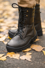 A military man in high black lace-up leather sneakers in a trench - 554505099