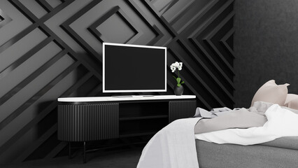 3D rendering Dark Modern Bedroom With Geometric Wallpaper, Dark