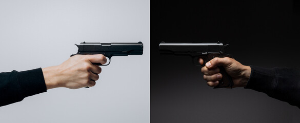 Duel of gun on the white backgraund vs pistol on the back backround.