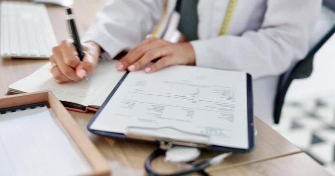 Healthcare, office and doctor writing notes while doing medical research in a medicare clinic. Professional, science and female surgeon researching medicine in hospital workplace before consultation.