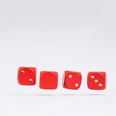Four red floating dice on a white background with an abstract combination of numbers in 2023 - the symbol of the coming year. Minimal New Year background. Something exciting is coming!