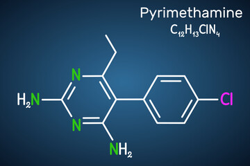 Pyrimethamine molecule. It is antiparasitic drug, used in the treatment of toxoplasmosis, malaria. Structural chemical formula on the dark blue background