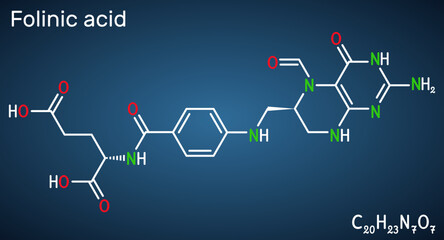 Folinic acid, leucovorin molecule. It is folate analog, used to treat colorectal cancer, pancreatic cancer. Structural chemical formula on the dark blue background