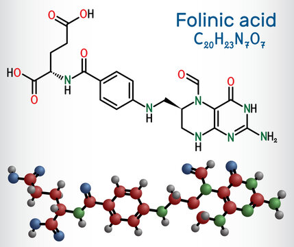 Folinic acid, leucovorin molecule. It is folate analog, used to treat colorectal cancer, pancreatic cancer. Structural chemical formula, molecule model.