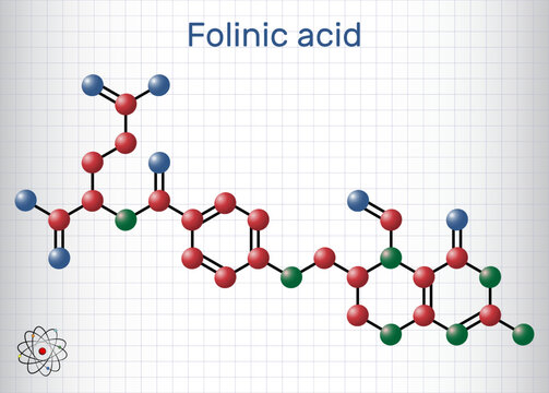 Folinic acid, leucovorin molecule. It is folate analog, used to treat colorectal cancer, pancreatic cancer. Molecule model. Sheet of paper in a cage