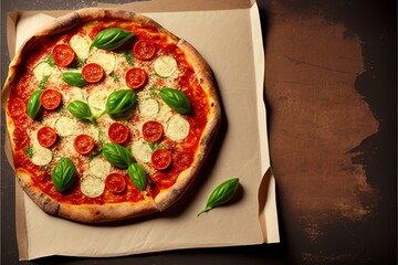 Traditional Italian Pizza on Vintage Parchment Paper with Copy Space