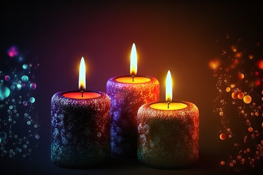 Christmas unique Three burning candles in a 3D neon background, Christmas burning candles.
