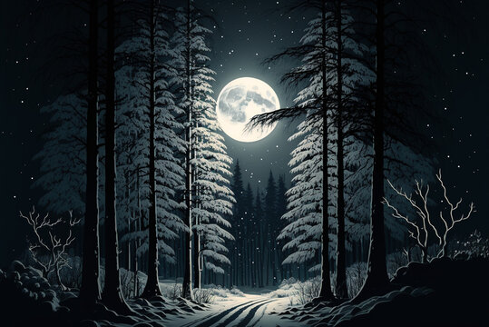 winter forest scene at night with moon