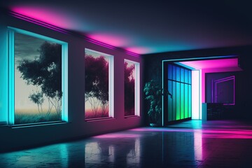 Interior of a modern luxury mansion with neon lights, generative ai - obrazy, fototapety, plakaty