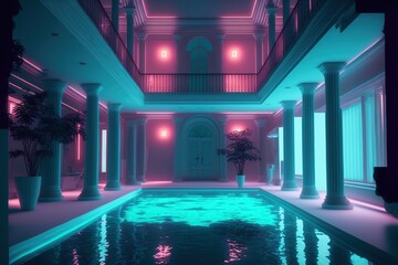Fototapeta na wymiar A huge luxury mansion from inside with a beautiful bright swimming pool room and neon lights, generative ai