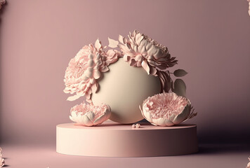 backdrop of a show pedestal with pastel pink flowers. a peony bloom that has fallen. Nature serves as a simple platform for the exhibition of cosmetic products. feminine copy space template for Valent