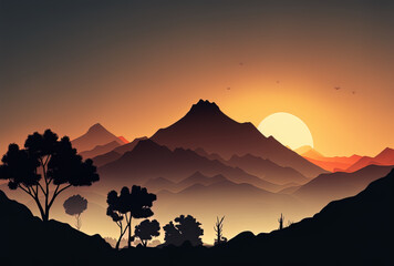 Early in the morning, a mountain range is seen in silhouette. Generative AI