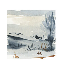 Watercolor winter realistic landscape. Nature illustration.