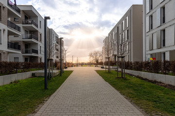 Heidelberg Bahnstadt, sun shining through the clouds. Modern living. Urban architecture