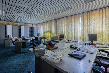 Deserted office with mold. Open plan office. Abandoned place