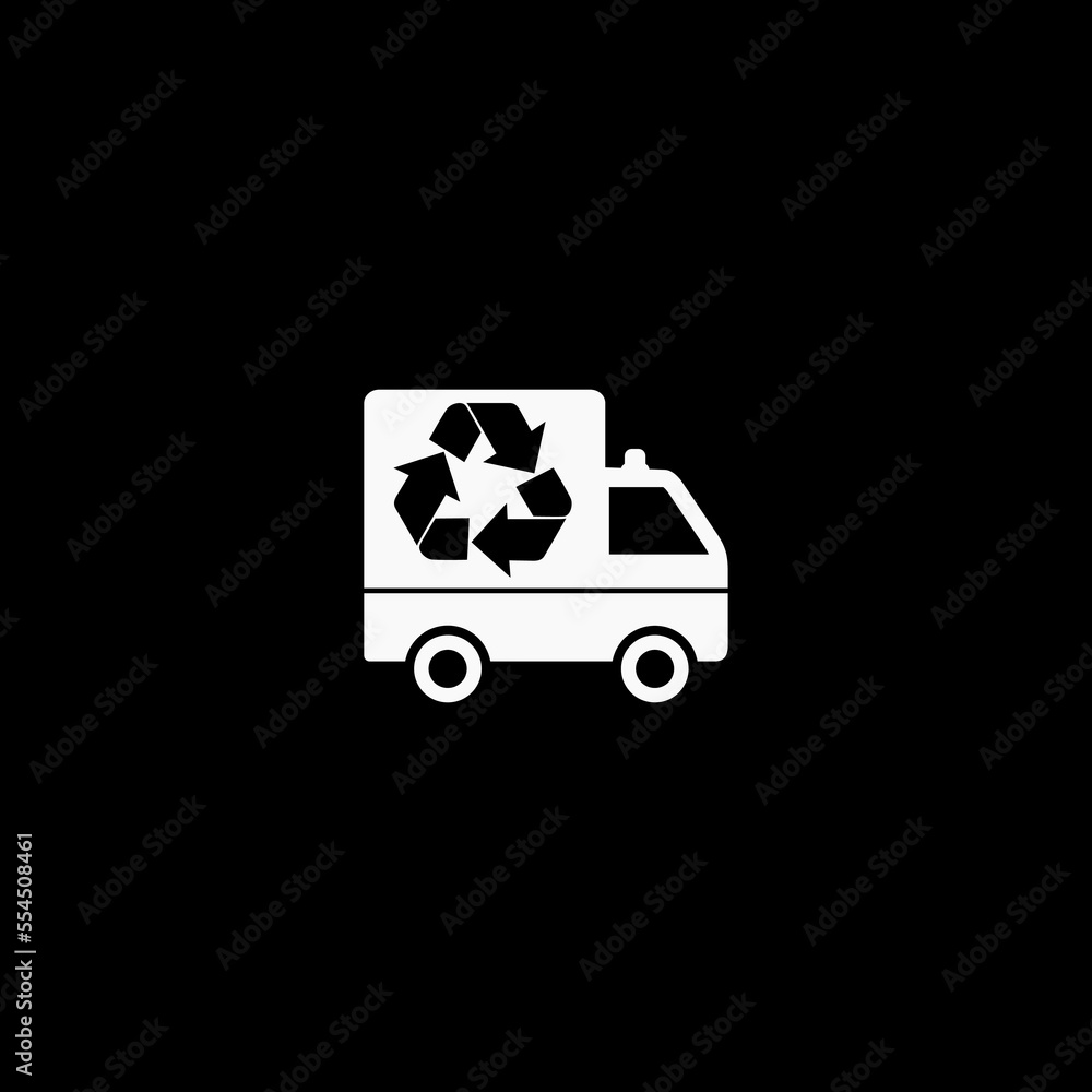 Poster garbage truck with recycle symbol icon isolated on dark background