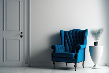 A blue armchair is in the room against a blank white wall. Generative AI