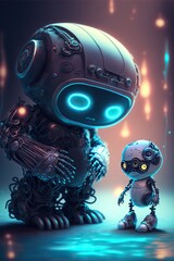 Two small robots, science fiction scene. Future. Generative ai. 