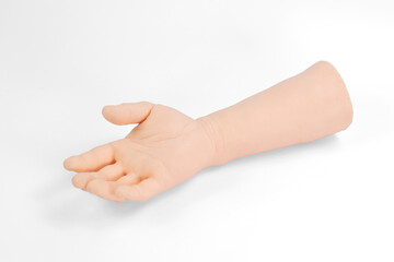 Arms for Medicine, tatto Silicone arm Fake arm Prototype Fake hand White skin Fake skin White background Plastic arm For training Close