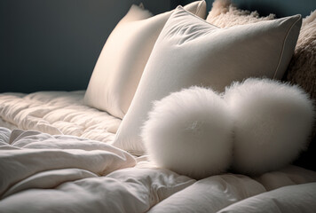 close up of a cozy bed with fluffy white pillows. Generative AI