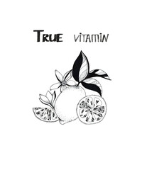 Graphic hand drawn illustration of lemon fruit with leaves, flowers and lettering  - true vitamin. Design for decor, textile,  fabric, cards, banners, icons, posters.