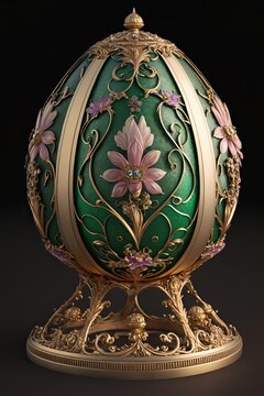 Antique Faberge egg on a black background. Detailed and ornamental. Green and rose tones. Generative ai. 
