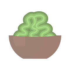 Wasabi in bowl isolated on white background. Japanese horseradish clip art. Green mustard for sushi. Flat vector illustration of seasoning