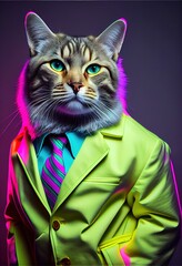 cat in retro colorful neon suit portrait