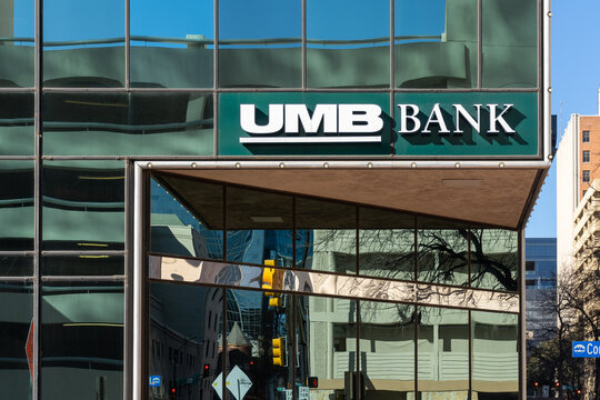 
Fort Worth, Texas,  USA - March 19, 2022: Close up of UMB Bank sign on the building in Fort Worth, Texas,  USA. UMB Financial Corporation is an American financial services holding company. 