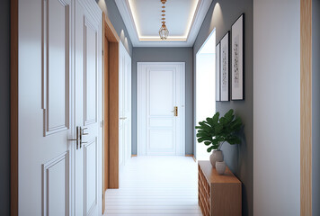 With a clothing closet, white and wooden furniture, and entry doors, the hall corridor is furnished. 2020 modern interior design. Generative AI