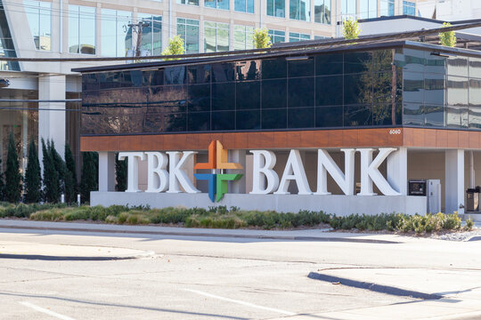 Dallas,  Texas,  USA - March 19, 2022: TBK Bank headquarters in Dallas,  Texas,  USA. TBK Bank, SSB, is a subsidiary of Triumph Bancorp, Inc., a Texas-state savings bank.