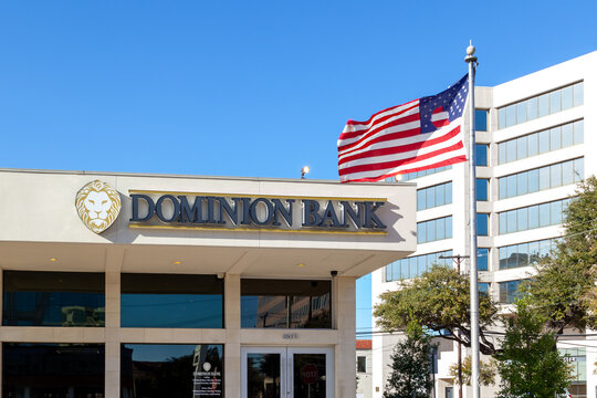 Dallas, Texas,  USA - March 20, 2022: A Dominion Bank sign on its Preston Center branch building in Dallas, Texas,  USA. Dominion Bank is an American bank 