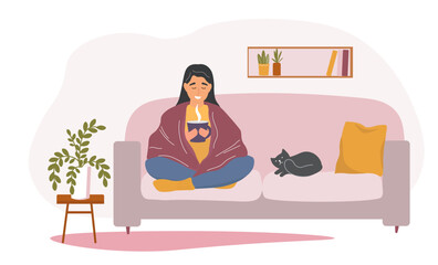 
The girl is sitting on the sofa with a cup of hot drink under the blanket. A woman is warming herself under a blanket with a pet cat next to her. Vector graphics.