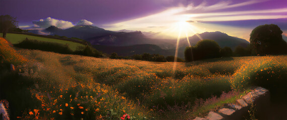illustrazione di alba tra le cime delle montagne con paesaggio pieno di fiori e atmosfera delicata creata con intelligenza artificiale