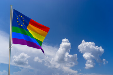 Rainbow Colors European Union Flag over Blue Sky Background. 3D Illustration