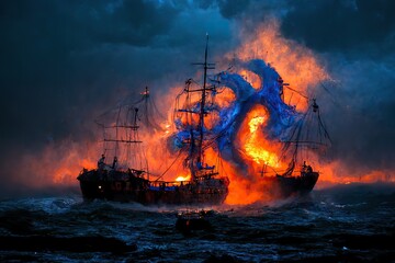 Obraz premium Burning pirate ships in the sea. Red and blue colors. Generative ai. 