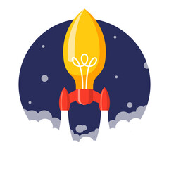 The concept of launching an idea or a startup, a rocket light bulb flies up leaving clouds of smoke.