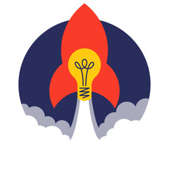 The concept of launching an idea or a startup, a rocket light bulb flies up leaving clouds of smoke.